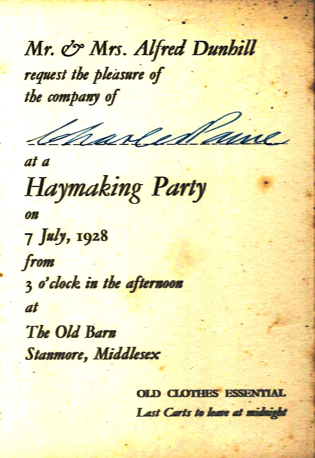 5 RSVP invitation to Dunhill haymaking party 1928 - Paine
