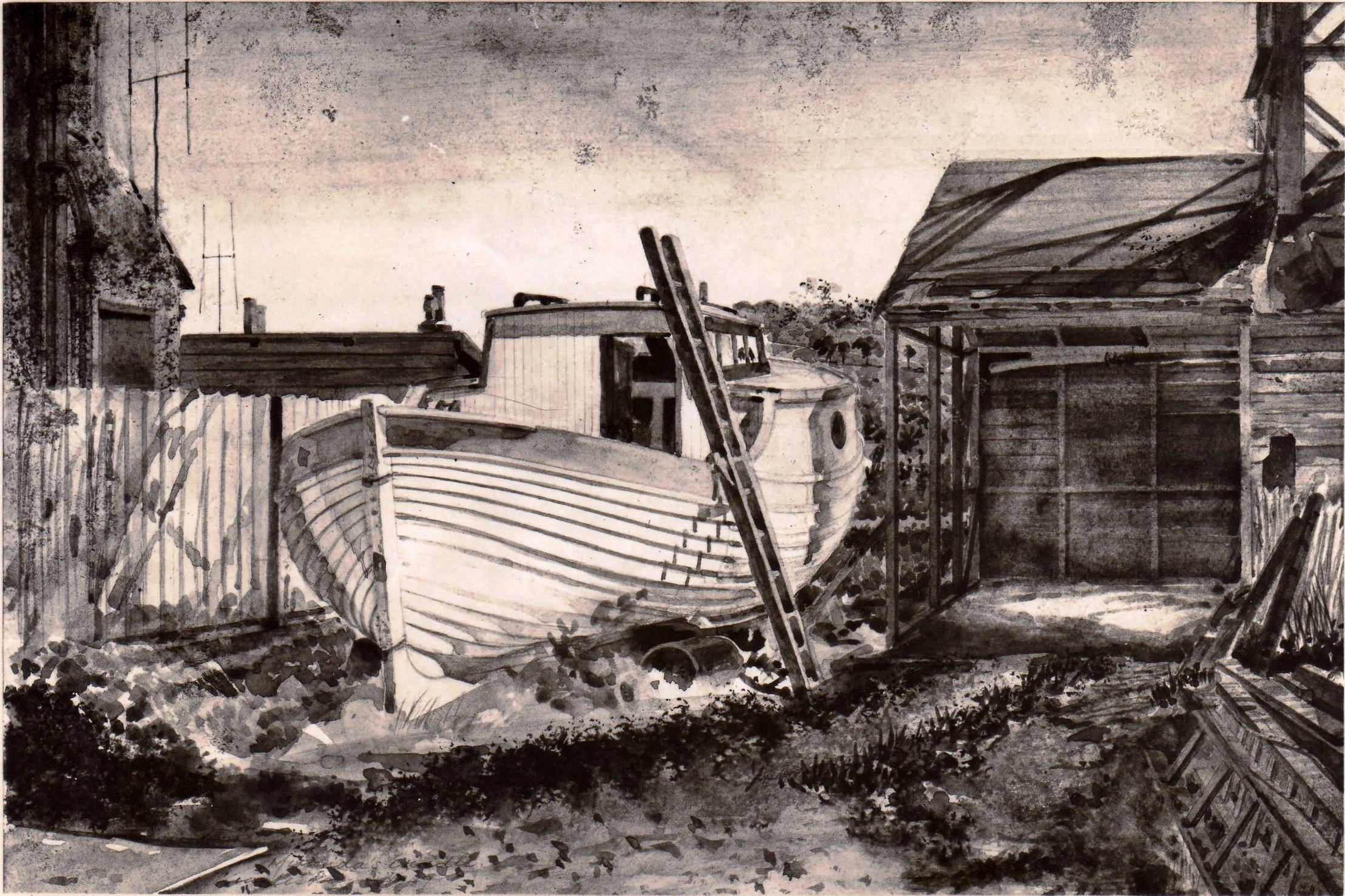 Boat yard Watercolour Jersey 1950's.