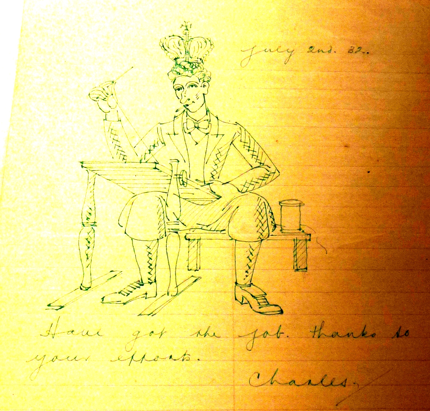 Charles Paine cartoon thanks for Royal College of Needlework job